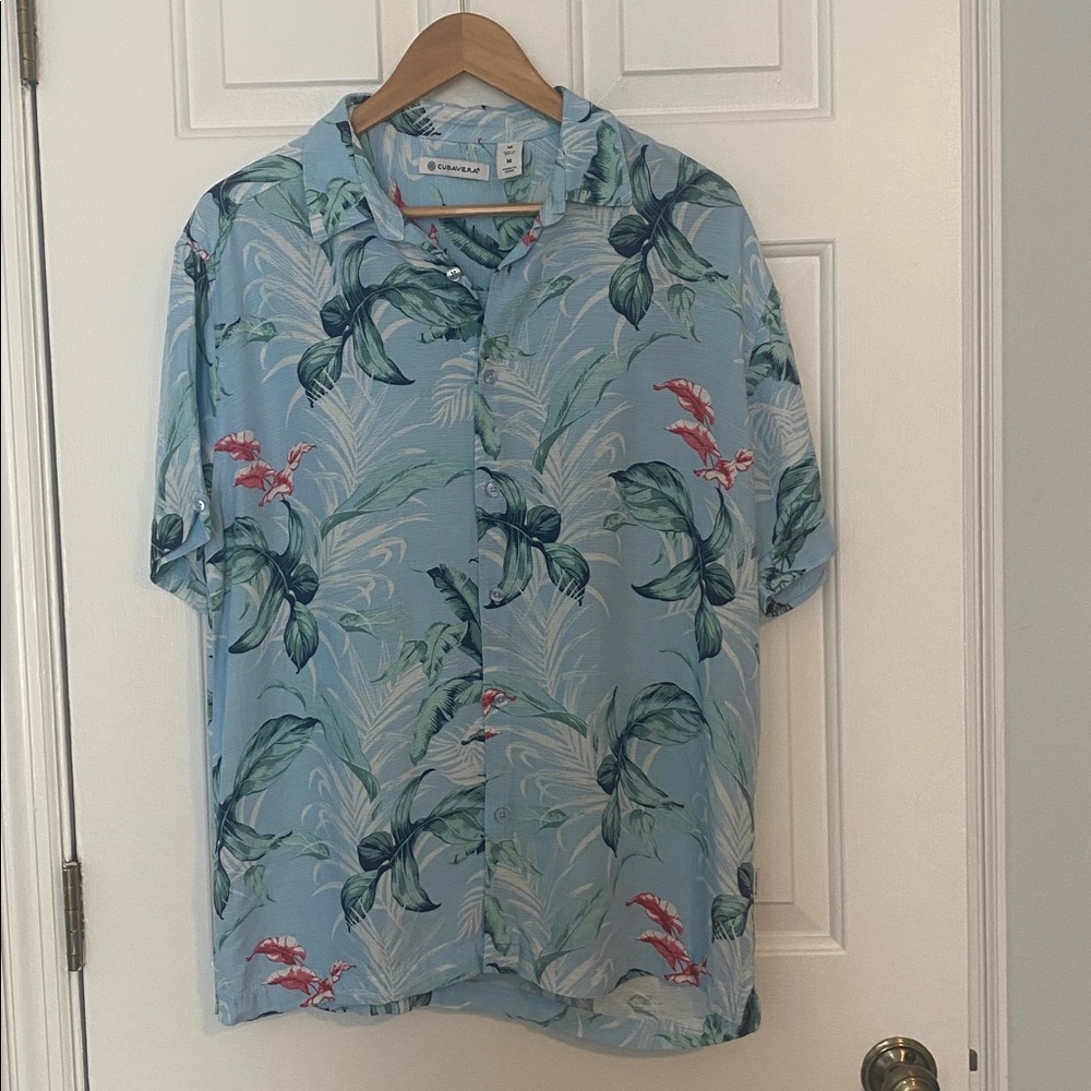 Cubavera Blue Tropical Button-Down Shirt with Blue, Green & Pink Print M